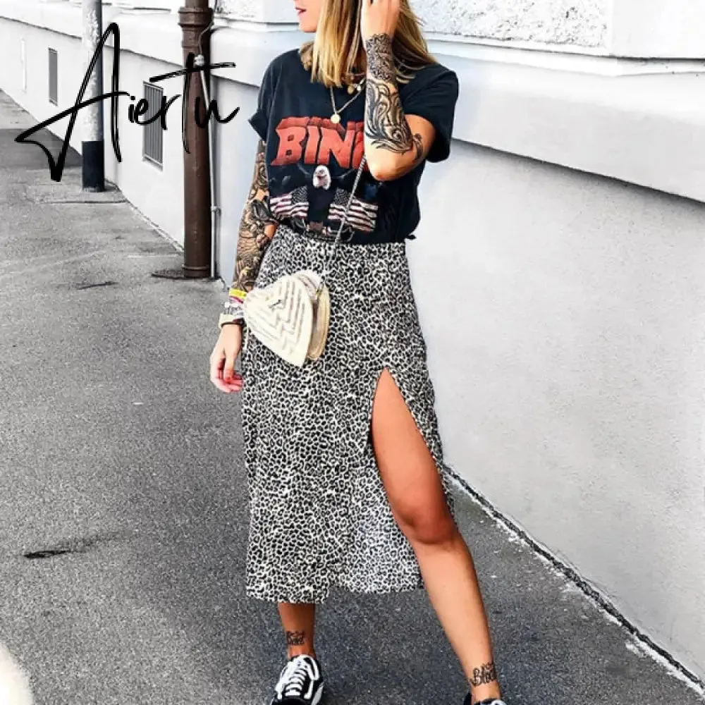Fashion Skirt Women Cross-Border Women's Leopard Print Skirts Women High Waist Elastic Split midi A- line Skirt Streetwear
