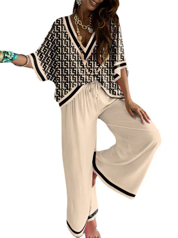 xakxx Urban Loose Printed V-Neck T-Shirts Tops& Drawstring Wide Leg Pants Suits